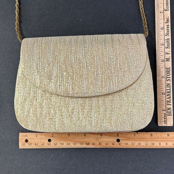 Vtg Gold Metallic Clutch Purse Handbag w/Beaded Shoulder Strap Option - Picture 10 of 12